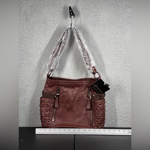 B Makowsky Soft Leather Brown Shoulder/CrossbodyPurse Rosetone Stud Hardware NWT - Picture 11 of 16